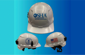 white old osha safety helmets against teal gradient background