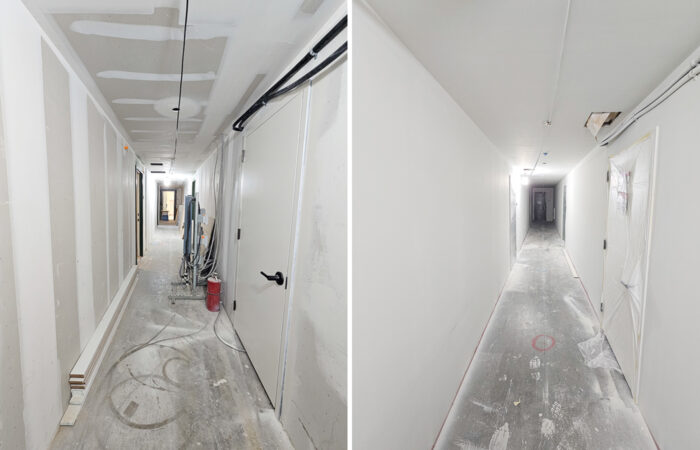 Two images of interior hallway drywall work