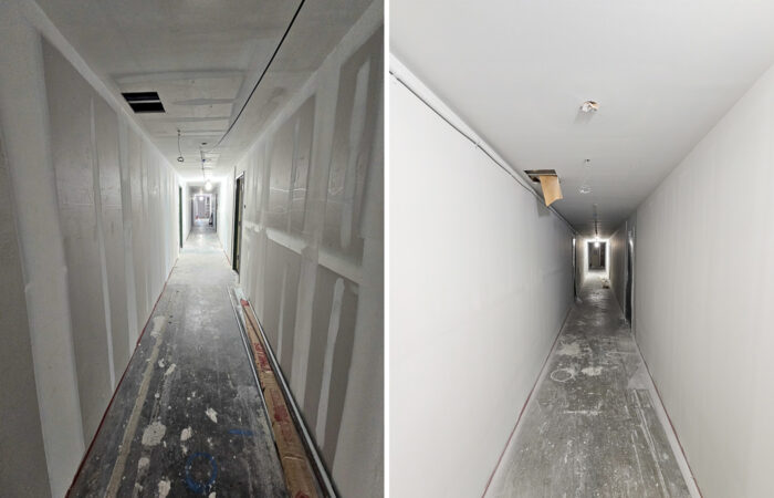 Two images of hallway drywall work