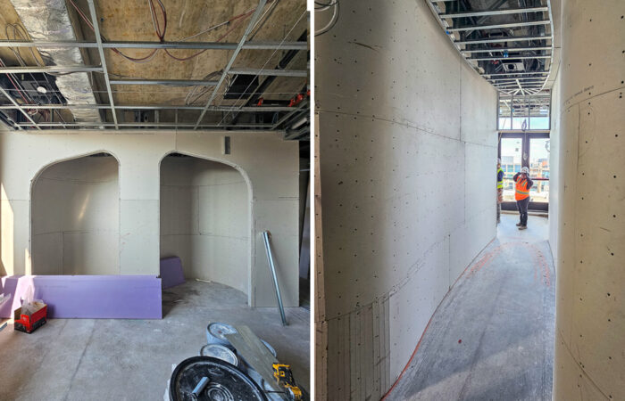 Two images of drywall being installed