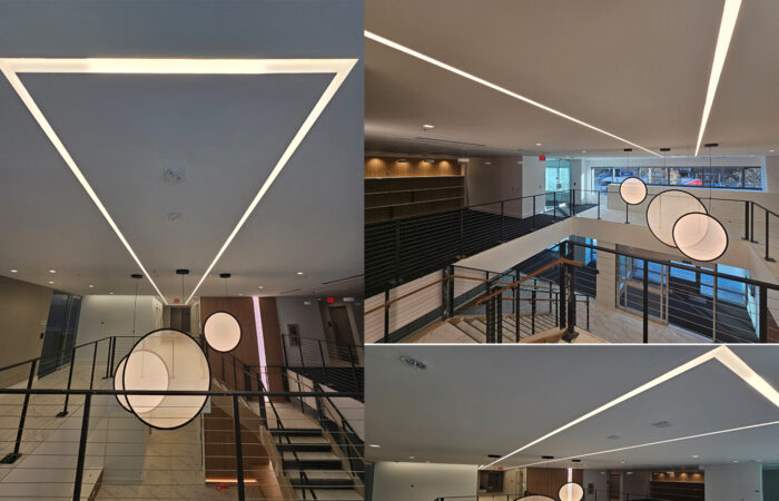 3 images of staircase and lighting interior of building