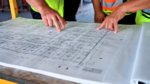 Robey Inc. drywall contractors reviewing building plans