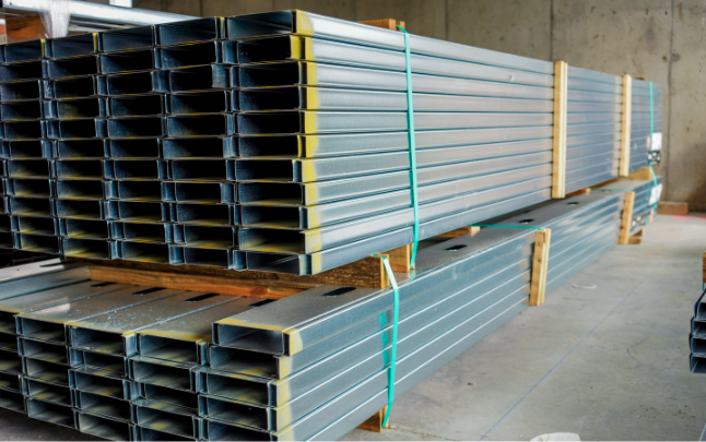 stacks of metal beams to be used for metal stud framing