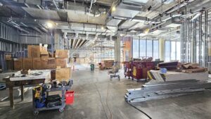 An active commercial drywall job site by Robey Drywall.